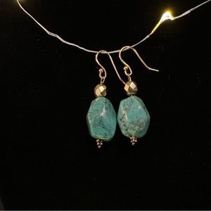 GENUINE TURQUOISE NUGGET AND 14 K FRENCH WIRE DROP EARRINGS